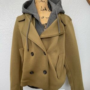 Maeve Olive Green Jacket with removable hoodie Tailored Design, Smooth Texture.